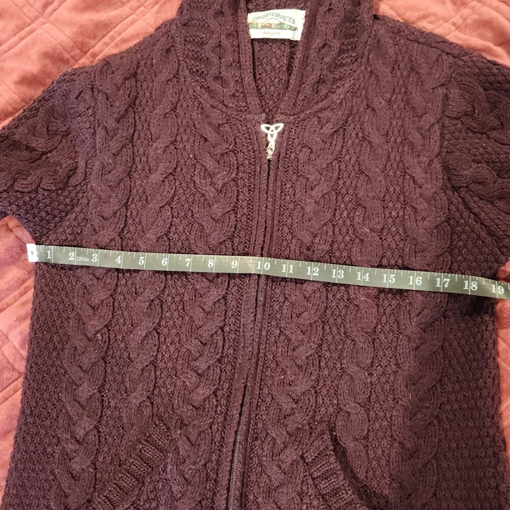 Hooded Cardigan Aran Crafts Wine Cable Knit Merino Wool 2way Zip Sweater S - Picture 11 of 11